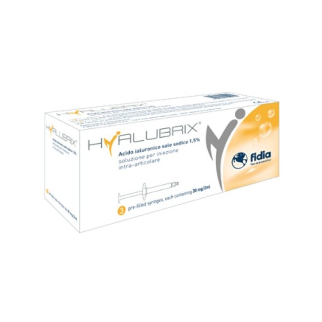 Confezione risparmio da 3 siringhe di Hyalubrix iniezione di acido ialuronico. Confezione risparmio da 3 siringhe di Hyalubrix iniezione di acido ialuronico.