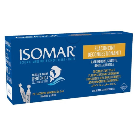 Confezione contenete 20 flaconcini da 5 ml di Isomar Flaconcini Decongestionanti, soluzione ipertonica per pulizia nasale.