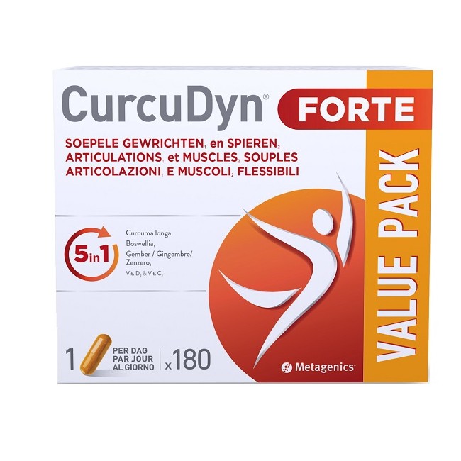 Confezione da 180 capsule di CurcuDyn Forte, integratore per le articolazioni e i muscoli. Confezione da 180 capsule di CurcuDyn Forte, integratore per le articolazioni e i muscoli.
