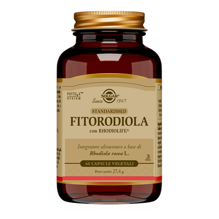 Barattolo da 60 capsule di Solgar Fitorodiola, integratore per stanchezza fisica e mentale.