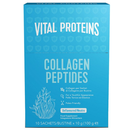 Confezione da 10 bustine di Nestlè Vital Proteins Collagen Peptides, integratore di collagene per il benessere della pelle.