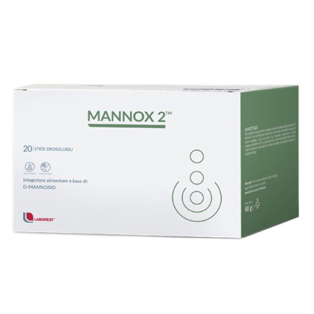 Confezione da 20 stick di Mannox 2, integratore per la salute delle vie urinarie.
