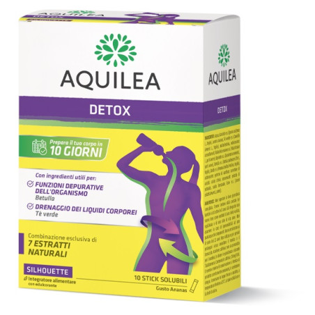 Confezione da 10 stick di Aquilea Detox, integratore per depurare l'organismo.