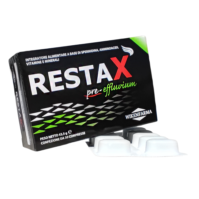 Confezione da 30 compresse di Restax Pre Effluvium, integratore antiossidante per rinforzare i capelli. Confezione da 30 compresse di Restax Pre Effluvium, integratore antiossidante per rinforzare i capelli.