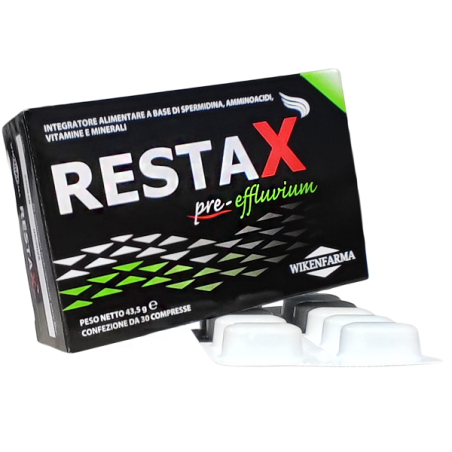 Confezione da 30 compresse di Restax Pre Effluvium, integratore antiossidante per rinforzare i capelli. Confezione da 30 compresse di Restax Pre Effluvium, integratore antiossidante per rinforzare i capelli.