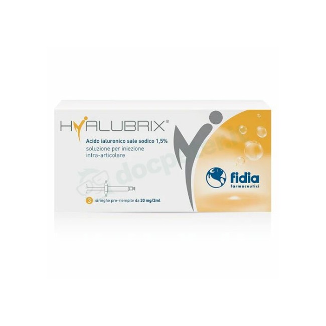 Confezione da 1 siringa di Hyalubrix iniezione di acido ialuronico. Confezione da 1 siringa di Hyalubrix iniezione di acido ialuronico.