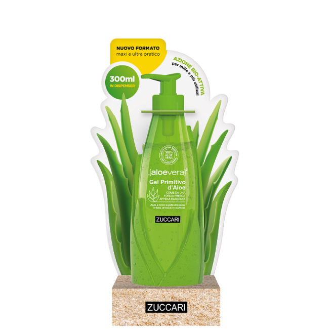 Flacone dispenser da 300 ml di Zuccari Aloe Vera 2, gel primitivo d'aloe lenitivo per riparare la pelle scottata o irritata.