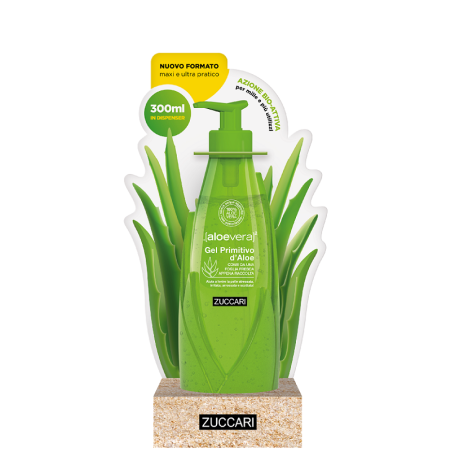Flacone dispenser da 300 ml di Zuccari Aloe Vera 2, gel primitivo d'aloe lenitivo per riparare la pelle scottata o irritata.