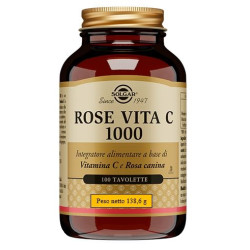 Barattolo da 100 tavolette di Solgar Rose Vita C 1000, integratore per energia e sistema immunitario.