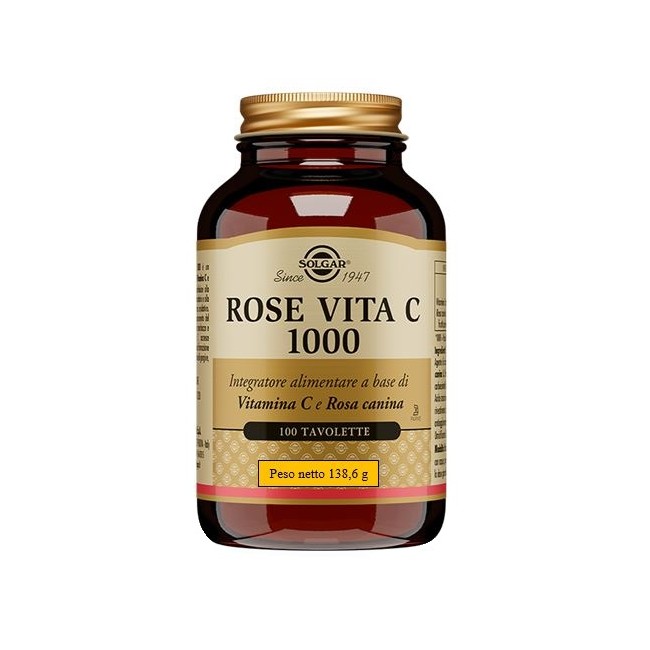 Barattolo da 100 tavolette di Solgar Rose Vita C 1000, integratore per energia e sistema immunitario. Barattolo da 100 tavolette di Solgar Rose Vita C 1000, integratore per energia e sistema immunitario.