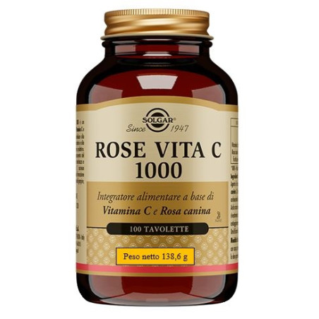 Barattolo da 100 tavolette di Solgar Rose Vita C 1000, integratore per energia e sistema immunitario. Barattolo da 100 tavolette di Solgar Rose Vita C 1000, integratore per energia e sistema immunitario.