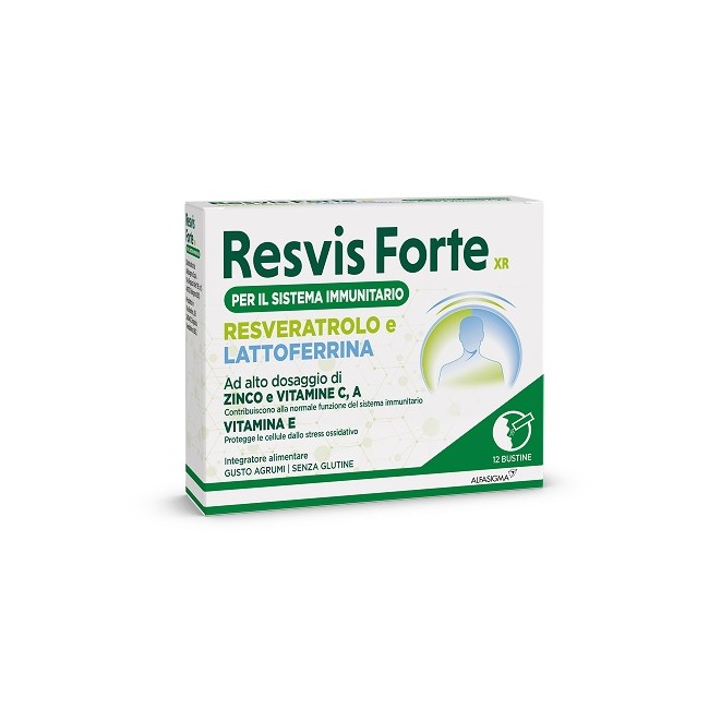 Confezione da 12 bustine orosolubili di Resvis Forte XR integratore per aumentare le difese immunitarie. Confezione da 12 bustine orosolubili di Resvis Forte XR integratore per aumentare le difese immunitarie.