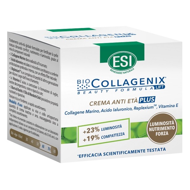 Vasetto da 50 ml di Esi Biocollagenix Crema Anti Età Plus, utile per contrastare le rughe. Vasetto da 50 ml di Esi Biocollagenix Crema Anti Età Plus, utile per contrastare le rughe.