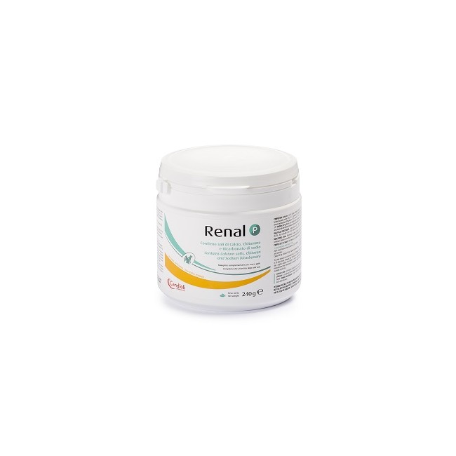Barattolo da 240 g di Renal P, integratore veterinario per il benessere delle vie urinarie di cani e gatti. Barattolo da 240 g di Renal P, integratore veterinario per il benessere delle vie urinarie di cani e gatti.