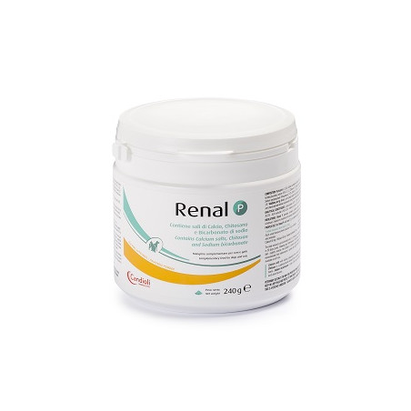 Barattolo da 240 g di Renal P, integratore veterinario per il benessere delle vie urinarie di cani e gatti. Barattolo da 240 g di Renal P, integratore veterinario per il benessere delle vie urinarie di cani e gatti.