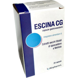 Confezione da 20 capsule di Escina Cg, integratore per microcircolo e drenaggio dei liquidi.