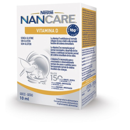 Flacone da 10 ml di Nestlé NanCare Vitamina D, integratore per le ossa e i denti dei bambini.