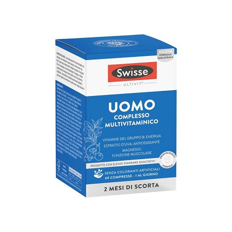 Confezione da 60 compresse di Swisse Multivitaminico Uomo integratore di vitamine.