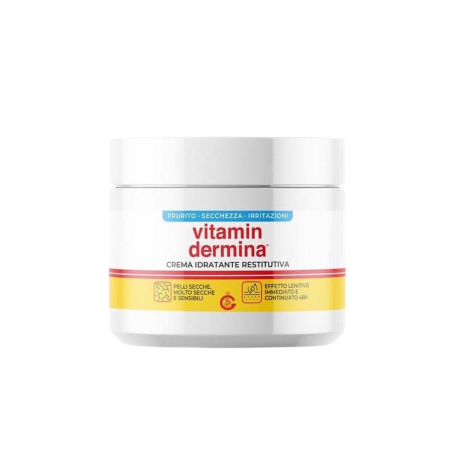 Vaso da 400 ml di Vitamindermina Crema Idratante Restitutiva Per Pelle Secca.