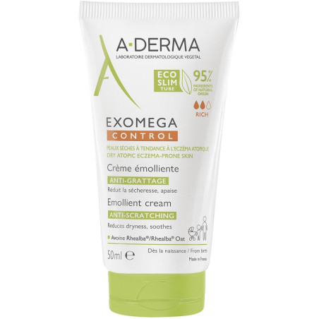 Tubetto da 50 ml di A-Derma Exomega Control Crema Lenitiva Emolliente Anti-Prurito.