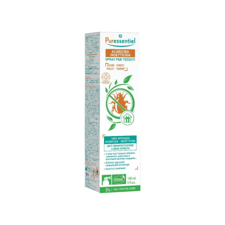 Flacone da 150 ml di Puressentiel Spray Acaricida Insetticida Per Tessuti E Ambiente.