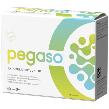Confezione da 14 bustine di Pegaso Axiboulardi Junior integratori per fermenti lattici.