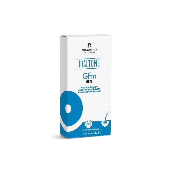 Confezione da 30 compresse di Gfm Oral Iraltone, integratore anticaduta per capelli. Confezione da 30 compresse di Gfm Oral Iraltone, integratore anticaduta per capelli.