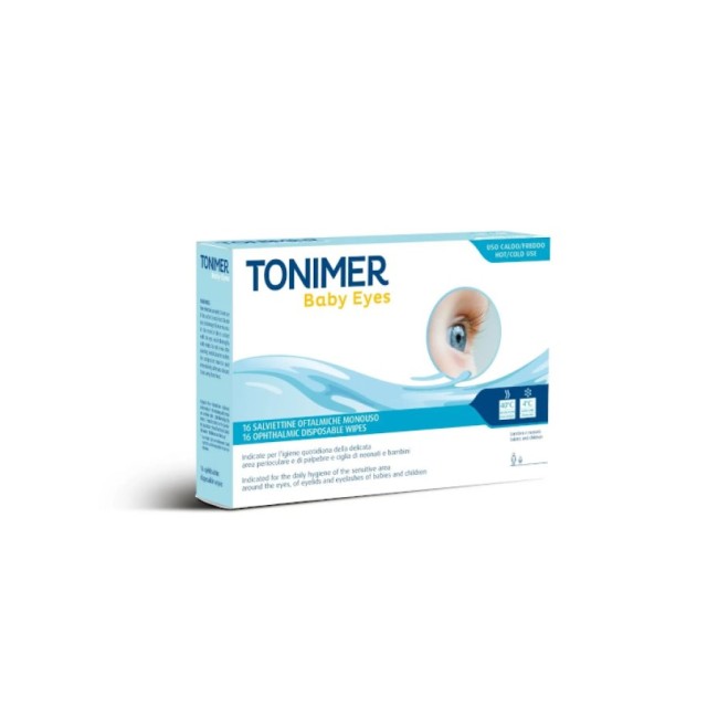 Confezione da 16 pezzi di Tonimer Eyes Baby Salviettine Oftalmiche, salviette monouso utili per pulire gli occhi dei bambini.