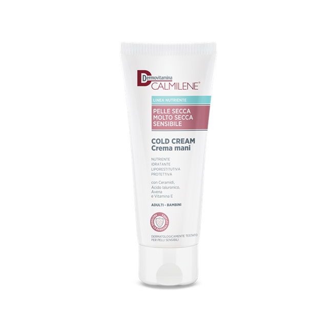 Tubo da 75 ml di Dermovitamina Calmilene Cold Cream, crema idratante per le mani. Tubo da 75 ml di Dermovitamina Calmilene Cold Cream, crema idratante per le mani.