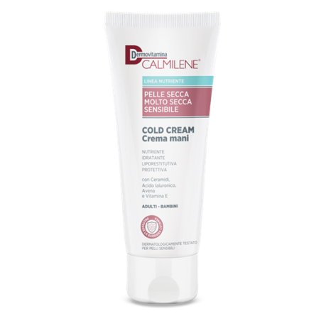 Tubo da 75 ml di Dermovitamina Calmilene Cold Cream, crema idratante per le mani.