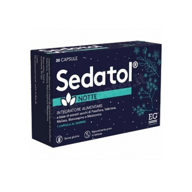 Confezione da 30 capsule di Sedatol Notte, integratore per disturbi del sonno. Confezione da 30 capsule di Sedatol Notte, integratore per disturbi del sonno.