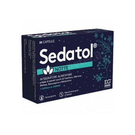 Confezione da 30 capsule di Sedatol Notte, integratore per disturbi del sonno. Confezione da 30 capsule di Sedatol Notte, integratore per disturbi del sonno.