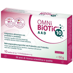 Confezione da 10 bustine di Omni Biotic 10 AAD, integratore per riequilibrare la flora intestinale.