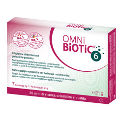 Confezione da 7 bustine di Omni Biotic 6, integratore di fermenti lattici per il benessere intestinale.