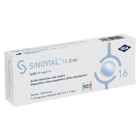SIRINGA INTRA-ARTICOLARE SINOVIAL 16 ACIDO IALURONICO 0,8% 16 MG/2 ML 1 FS + AGO GAUGE 21 1 PEZZO SIRINGA INTRA-ARTICOLARE SINOVIAL 16 ACIDO IALURONICO 0,8% 16 MG/2 ML 1 FS + AGO GAUGE 21 1 PEZZO