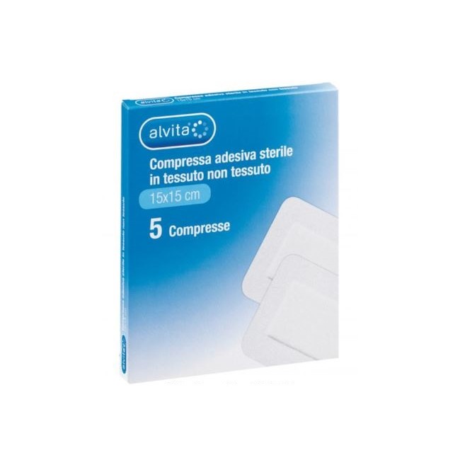 ALVITA GARZA COMPRESSA ADESIVA STERILE IN TESSUTO NON TESSUTO ESTENSIBILE BIANCO 15X15CM 5 PEZZI ALVITA GARZA COMPRESSA ADESIVA STERILE IN TESSUTO NON TESSUTO ESTENSIBILE BIANCO 15X15CM 5 PEZZI