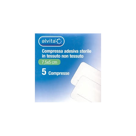 ALVITA GARZA COMPRESSA ADESIVA STERILE IN TESSUTO NON TESSUTO ESTENSIBILE BIANCO 7,2X5CM 5 PEZZI ALVITA GARZA COMPRESSA ADESIVA STERILE IN TESSUTO NON TESSUTO ESTENSIBILE BIANCO 7,2X5CM 5 PEZZI