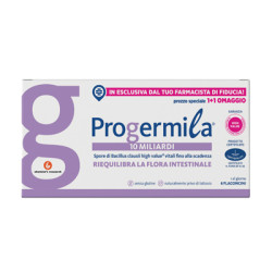 Confezione da 6 flaconcini di Progemila 10 miliardi, integratore per riequilibrare la microflora intestinale.