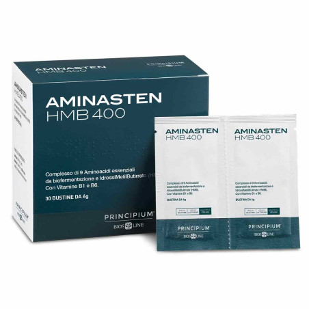 Confezione da 14 bustine di Bios Line Aminasten HMB 400, integratore contro la debolezza muscolare.