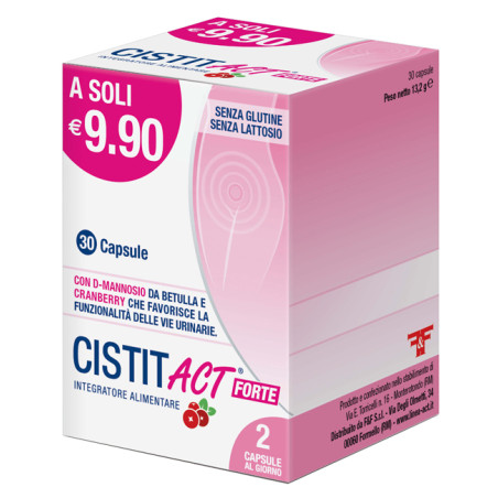 Confezione da 30 capsule di Cistit Act Forte, integratore per la salute delle vie urinarie.