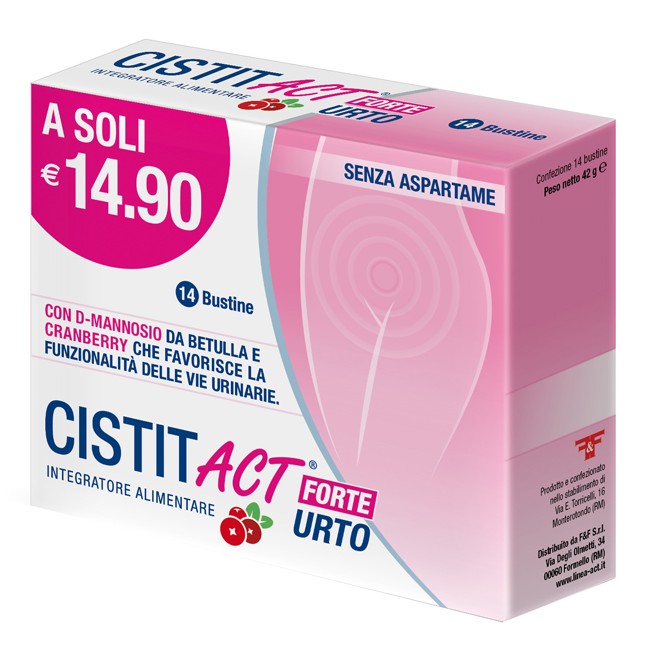 Confezione da 14 bustine di Cisti Act Forte Urto integratore per il benessere delle vie urinarie. Confezione da 14 bustine di Cisti Act Forte Urto integratore per il benessere delle vie urinarie.