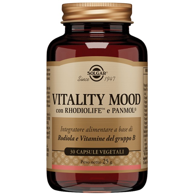Barattolo da 30 capsule di Solgar Vitality Mood, integratore per il benessere fisico e mentale. Barattolo da 30 capsule di Solgar Vitality Mood, integratore per il benessere fisico e mentale.