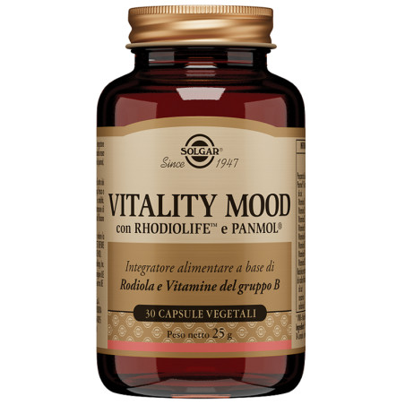 Barattolo da 30 capsule di Solgar Vitality Mood, integratore per il benessere fisico e mentale.