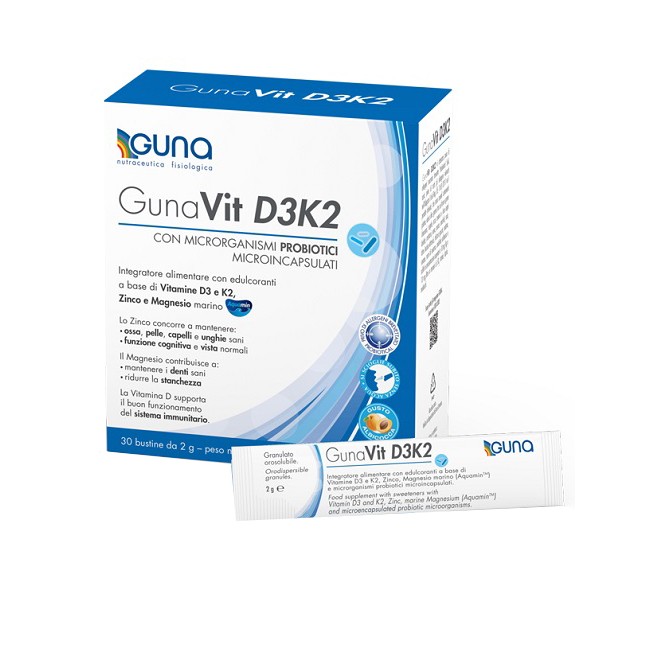 Confezione da 30 bustine di GunaVit D3K2, integratore di vitamina D e vitamina K. Confezione da 30 bustine di GunaVit D3K2, integratore di vitamina D e vitamina K.