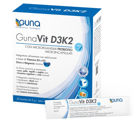 Confezione da 30 bustine di GunaVit D3K2, integratore di vitamina D e vitamina K. Confezione da 30 bustine di GunaVit D3K2, integratore di vitamina D e vitamina K.