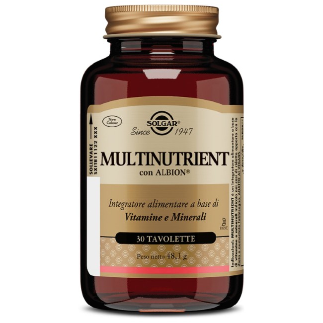Barattolo da 30 tavolette di Solgar Multinutrient, integratore per energia e difese immunitarie. Barattolo da 30 tavolette di Solgar Multinutrient, integratore per energia e difese immunitarie.