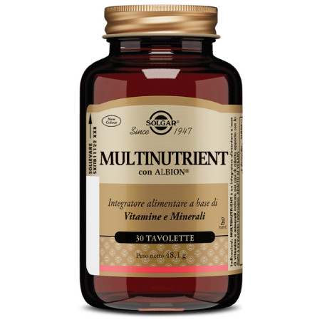 Barattolo da 30 tavolette di Solgar Multinutrient, integratore per energia e difese immunitarie.