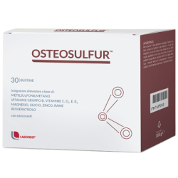 Confezione da 30 bustine di Osteosulfur, integratore per ossa forti e sane.