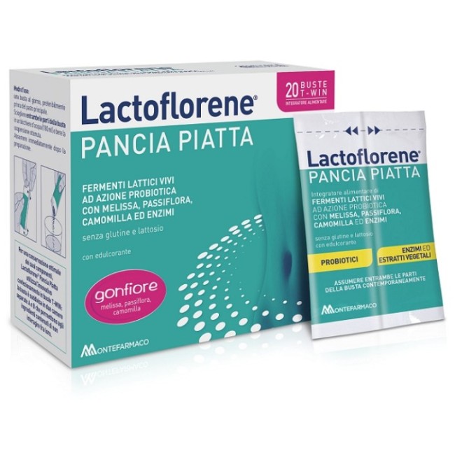 Confezione da 20 buste di Lactoflorene pancia piatta con fermenti lattici contro il gonfiore Confezione da 20 buste di Lactoflorene pancia piatta con fermenti lattici contro il gonfiore