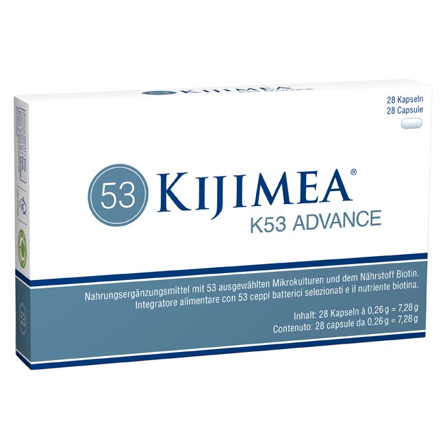 Confezione da 28 capsule di Kijimea K53 Advance integratore per l'equilibrio della flora intestinale. Confezione da 28 capsule di Kijimea K53 Advance integratore per l'equilibrio della flora intestinale.